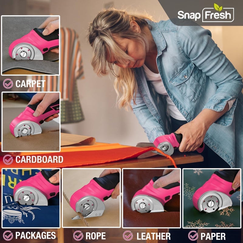 SnapFresh مقص كهربائي لاسلكي - قاطع كرتون مصغر 4 فولت للصناديق والسجاد والورق - قاطع دوار لمشاريع DIY، قاطع صناديق آمن مع بطارية وكابل Type-C (وردي زاهي) - Image 5